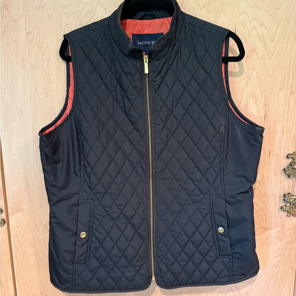 Lands' End Black Quilted Jacket with Orange Lining